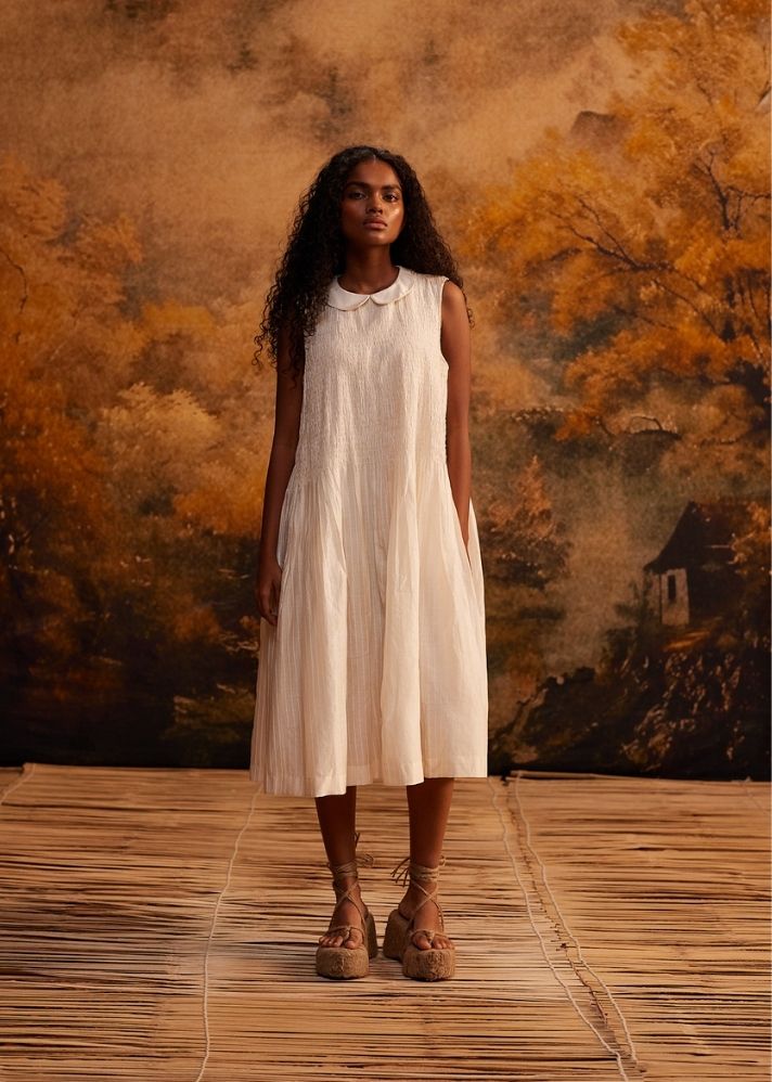 A Model Wearing White Chanderi Cotton Shibui Stripe Ruching Maxi Dress, curated by Only Ethikal