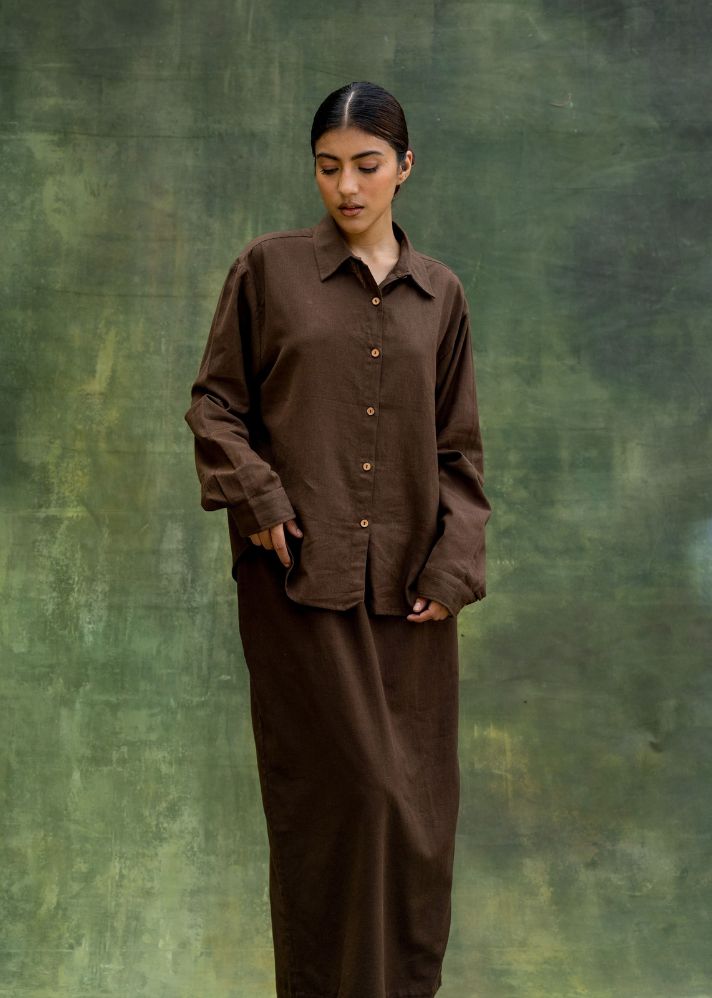 A Model Wearing Brown Upcycled cotton slub/flex/blended cotton (varied factory deadstock) Earo Brown Set, curated by Only Ethikal