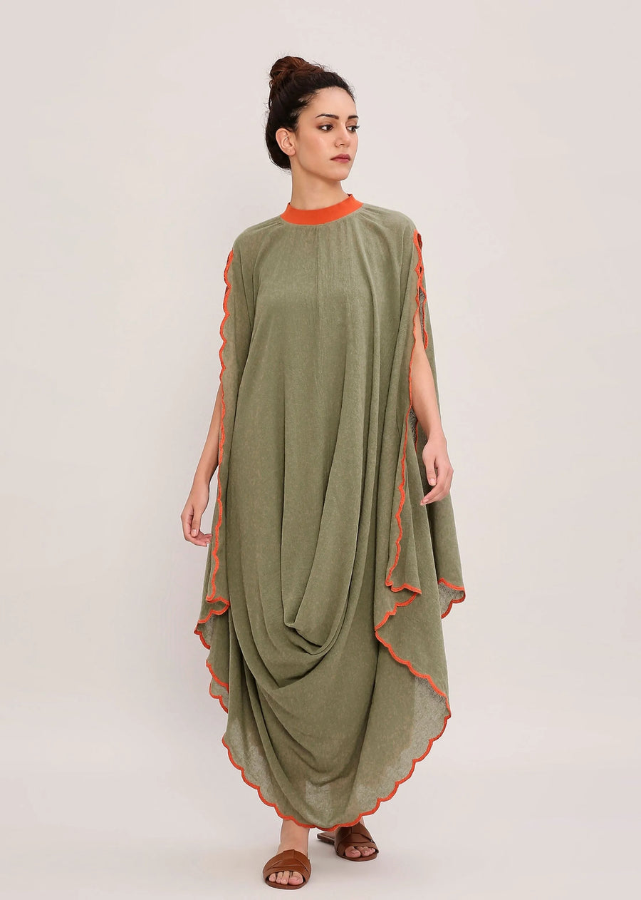 A Model Wearing Green, Rust, Blue Pure Cotton Capsule Edit Ribbed Scallop Cowl Dress, curated by Only Ethikal