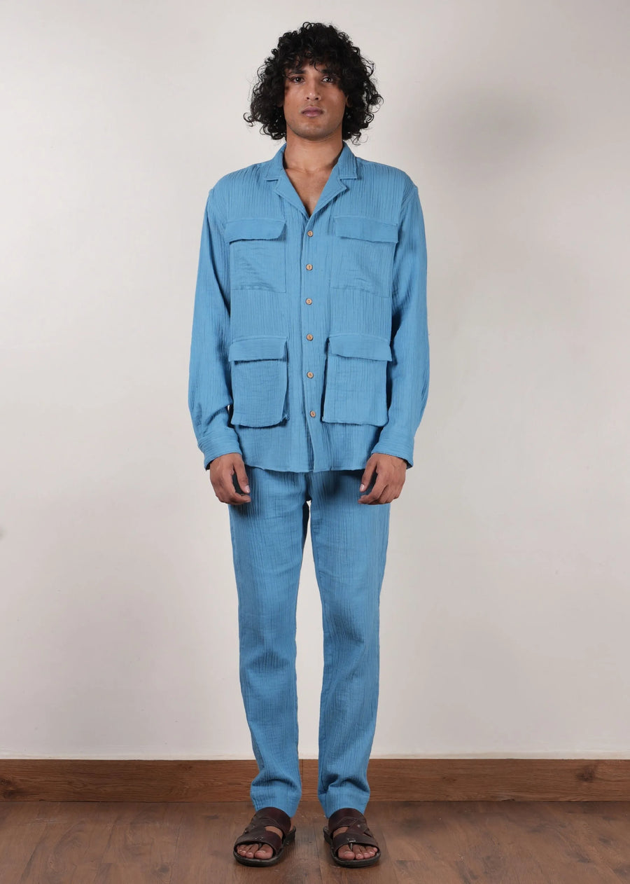 Men'S Pocket Crush Cotton Blue Shirt