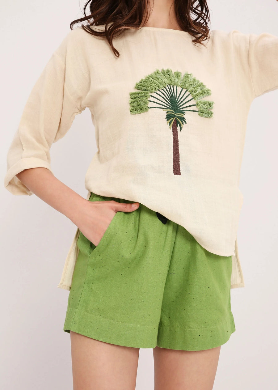 Coco Cream Embroidered Top & Green Shorts Set (2 Pcs)