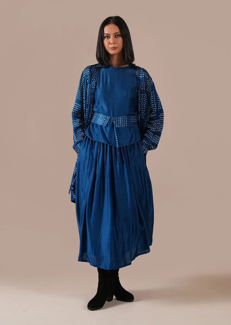 A Model Wearing Blue Silk Silk Reverie Co-Ord Set, curated by Only Ethikal
