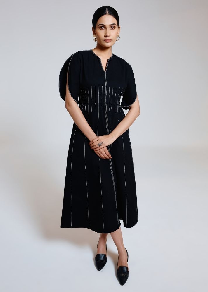 A Model Wearing Black Cotton Twill Black Sole Dress, curated by Only Ethikal