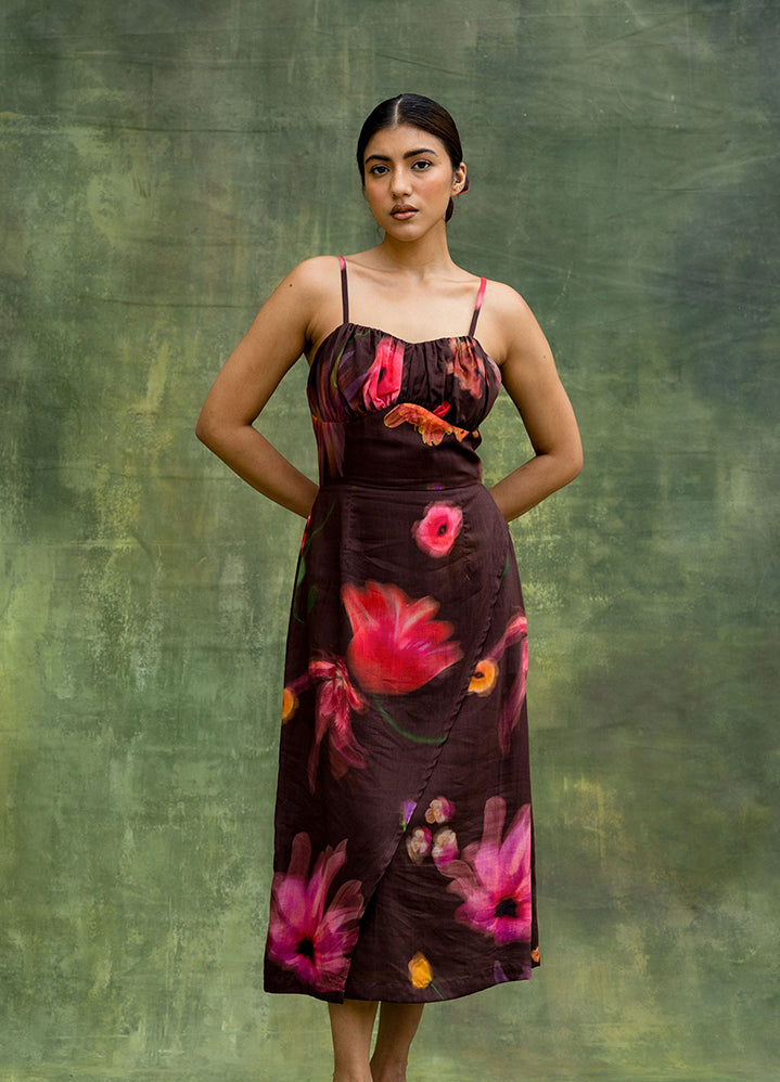 A Model Wearing Brown Upcycled Fabric Lucie Printed Dress, curated by Only Ethikal