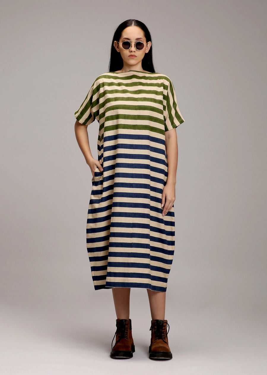 A Model Wearing Multicolor Cotton Egg-Shell Green & Blue Dual Striped Dress, curated by Only Ethikal
