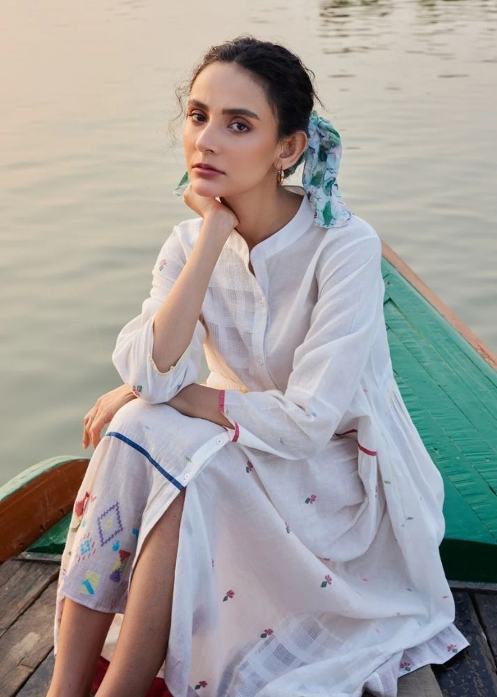 A Model Wearing Multicolor Jamdani Cotton Aarvi Dress, curated by Only Ethikal