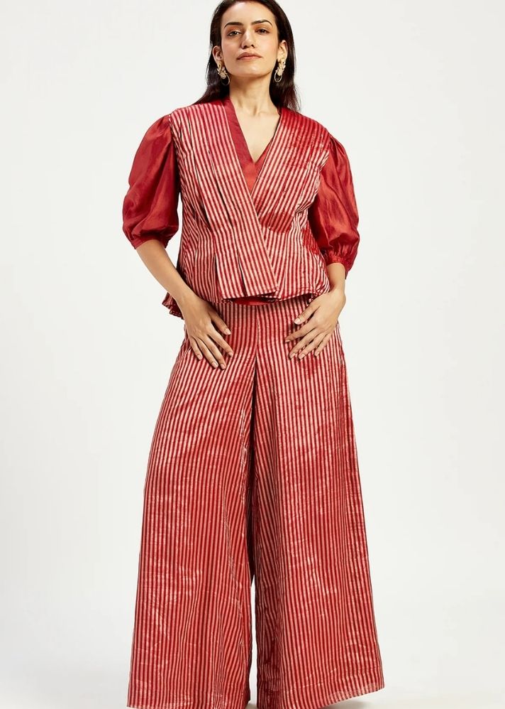 A Model Wearing Red Handloom Chanderi Silk Agra 2.0 Set, curated by Only Ethikal