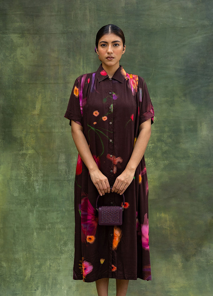 A Model Wearing Brown Upcycled Fabric Zora Brown Dress, curated by Only Ethikal