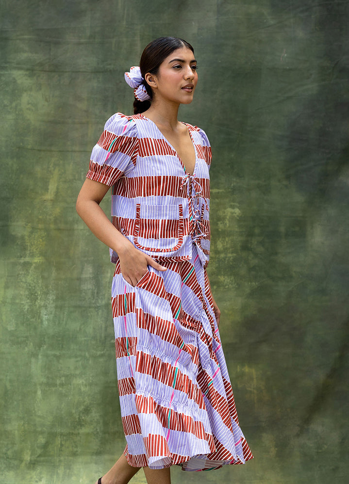 A Model Wearing Multicolor Upcycled Fabric Fern Striped Set, curated by Only Ethikal