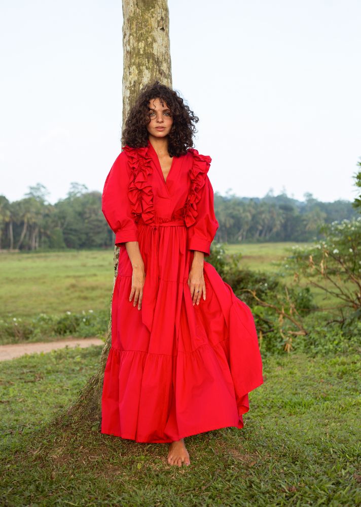 A Model Wearing Red Pure Cotton Chloe Red Ruffle Dress, curated by Only Ethikal