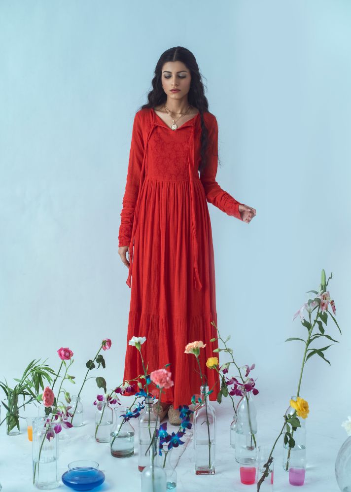 A Model Wearing Red Handwoven Cotton Lovers Paradise Dress In Kota Slub
, curated by Only Ethikal