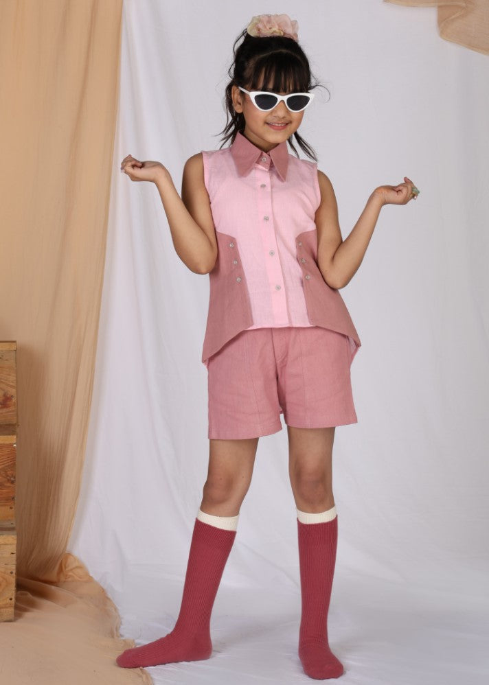 A Model Wearing Pink Linen  
         
Dusty-Miller Collared Top & Shorts Set, curated by Only Ethikal