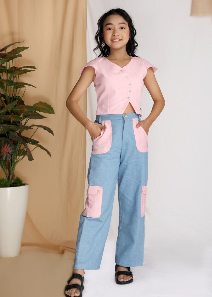 A Model Wearing Multicolor Linen Tulip Asymmetric Top & Pants Set , curated by Only Ethikal