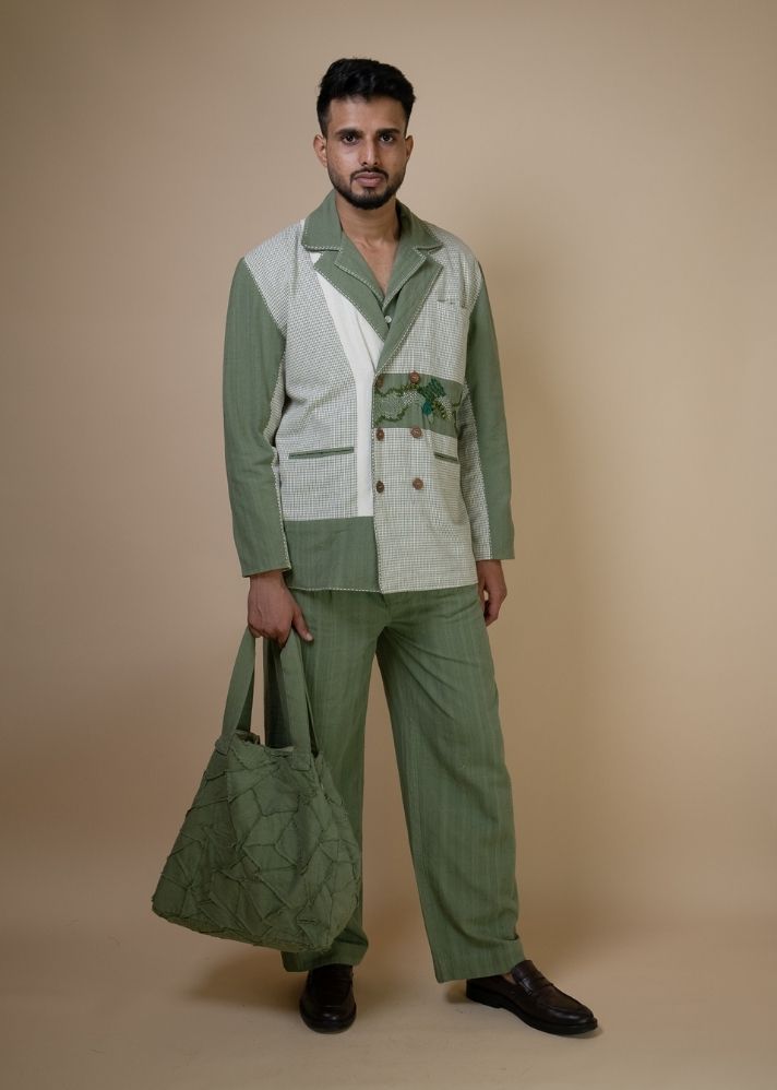 A Model Wearing Olive Pure Cotton Meadows Unisex Double Breasted Blazer, curated by Only Ethikal