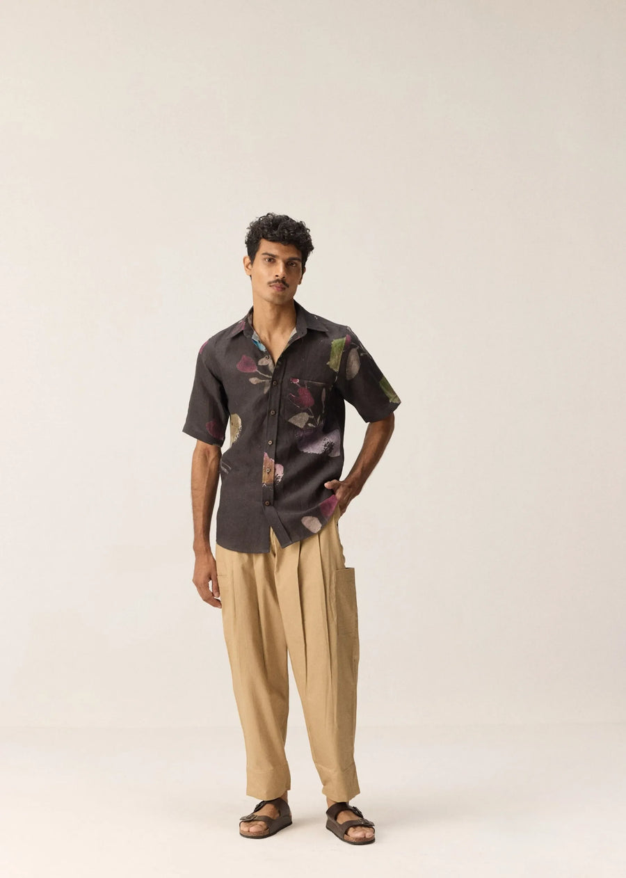 A Model Wearing Grey Linen Stone Garden Shirt, curated by Only Ethikal