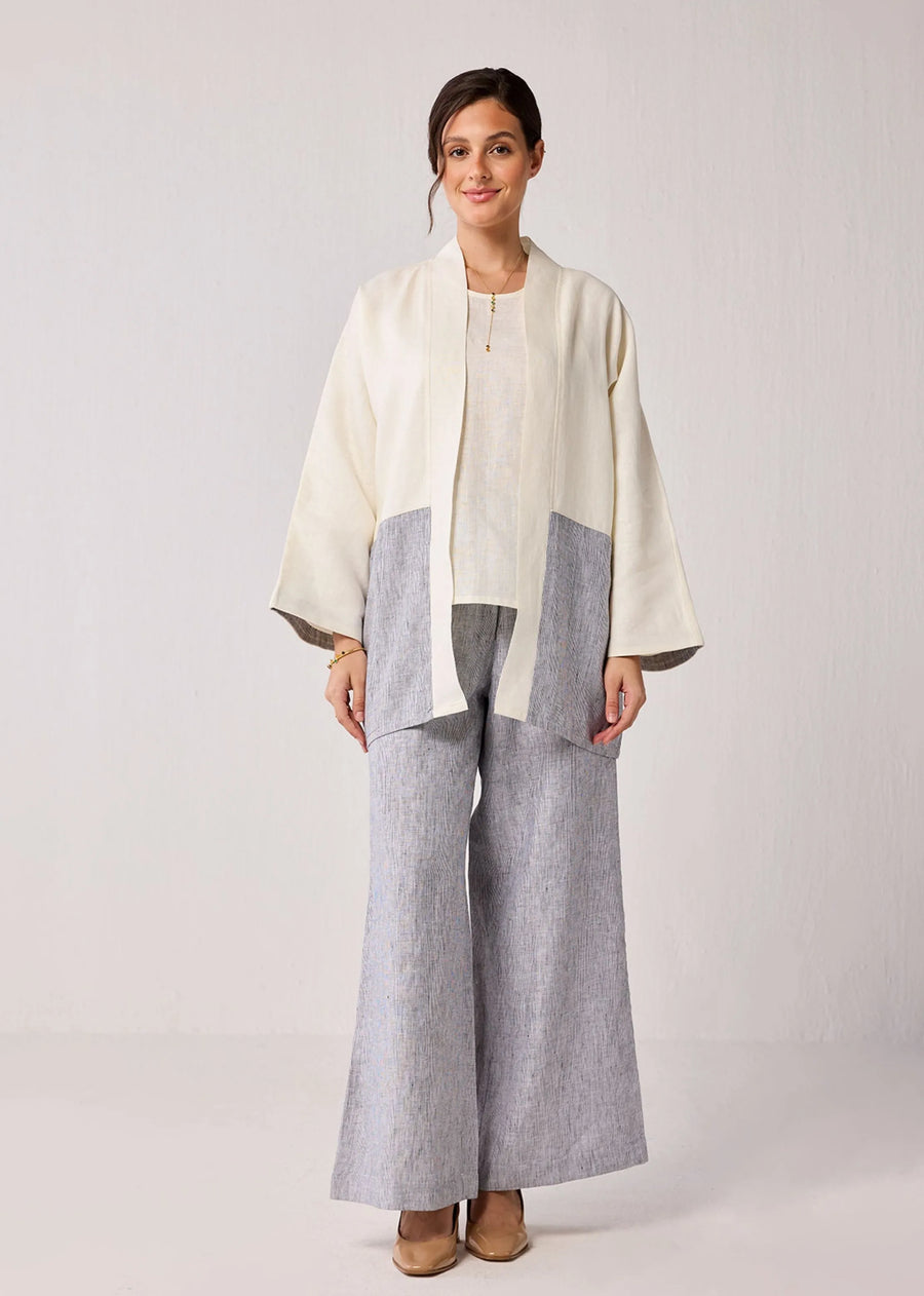 A Model Wearing Multicolor Hemp Oversized Hemp Overlay With Kimono Sleeves In Off-White And Pin Stripes, curated by Only Ethikal