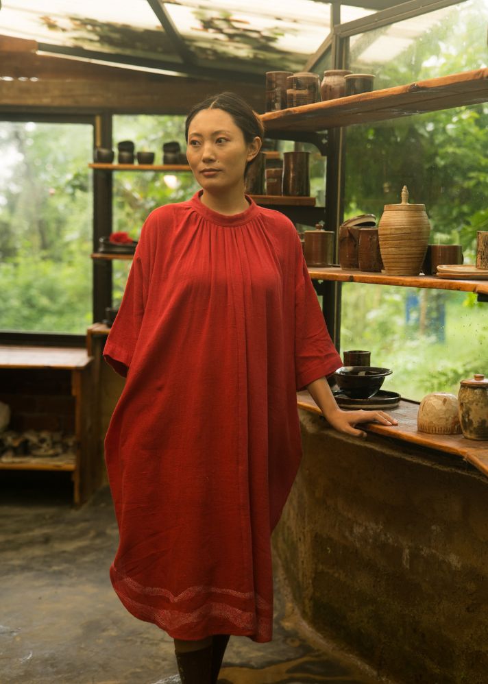 A Model Wearing Red Vegan Silk Kc.01 Elegant Kala Cotton Dress, curated by Only Ethikal