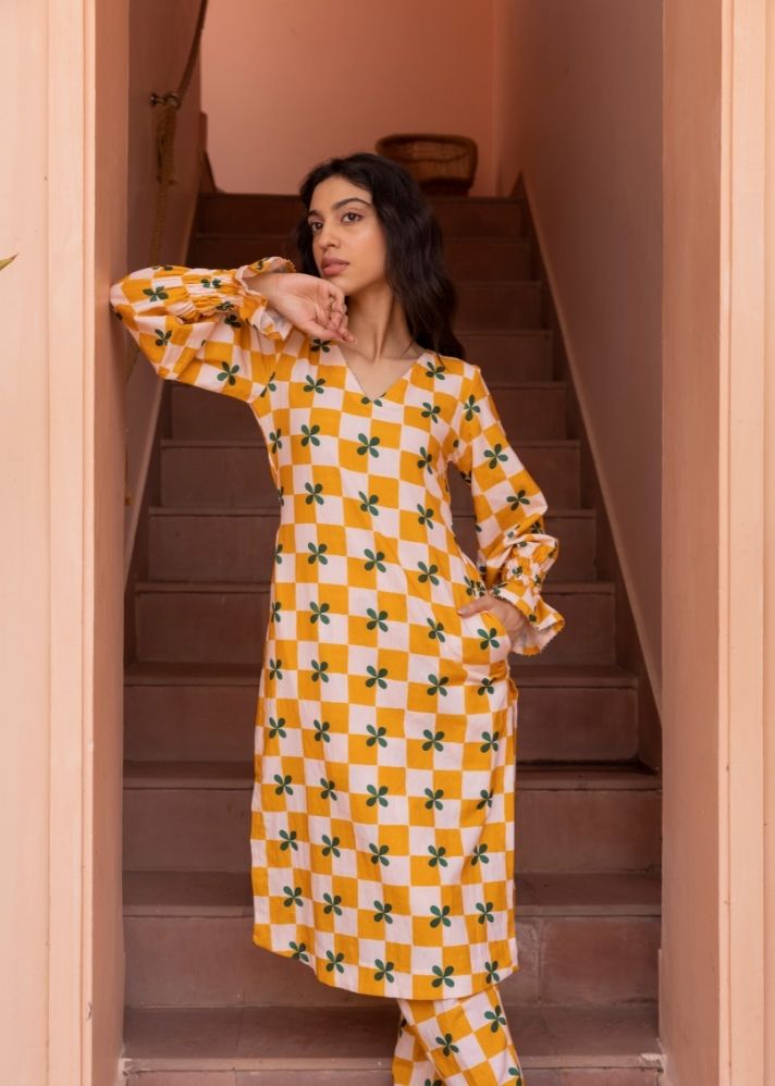 A Model Wearing Multicolor Organic Cotton Ethereal Kurta Set- Mustard Checks, curated by Only Ethikal