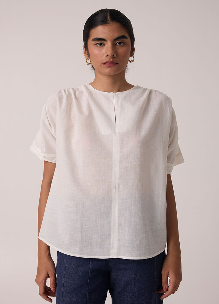 A Model Wearing White Handwoven Cotton Simone Off White Cotton Top , curated by Only Ethikal