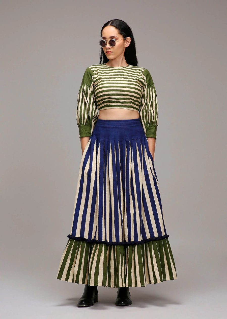 A Model Wearing Multicolor Cotton Egg-Shell Striped Crop Top & Skirt Set (2 PCS), curated by Only Ethikal