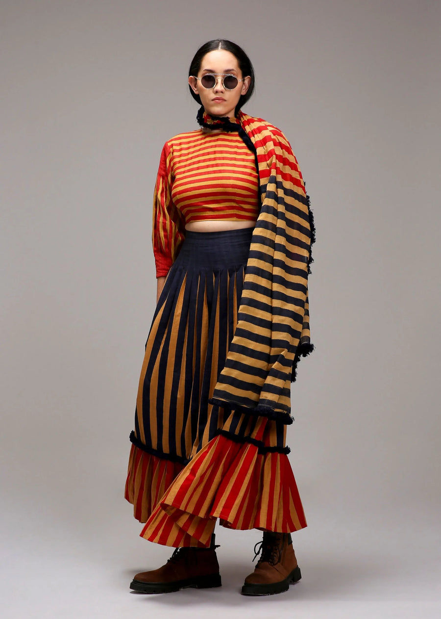 A Model Wearing Multicolor Cotton Tan-Brown Crop Top Dual Striped Stole Skirt Set (3 PCS), curated by Only Ethikal