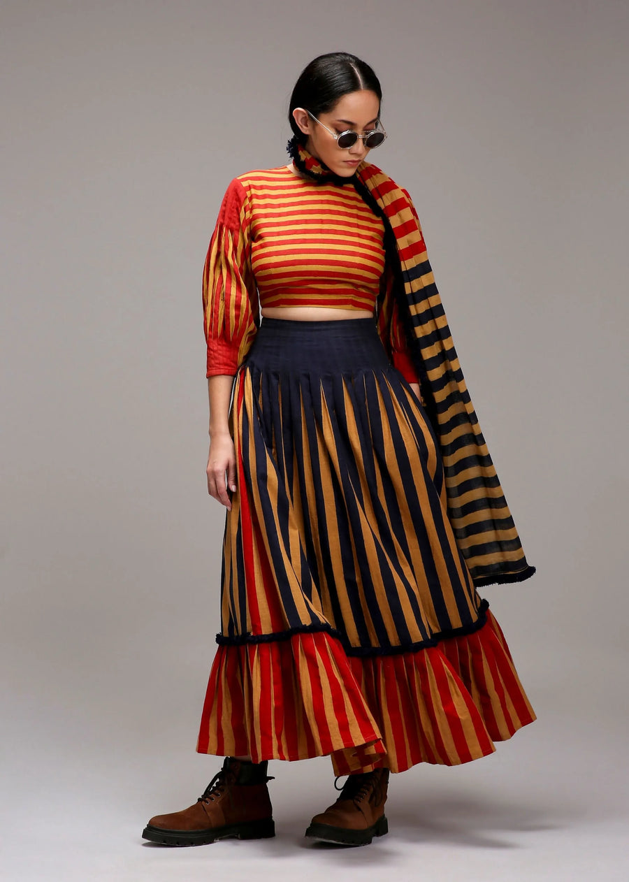 Tan-Brown Crop Top Dual Striped Stole Skirt Set (3 Pcs)