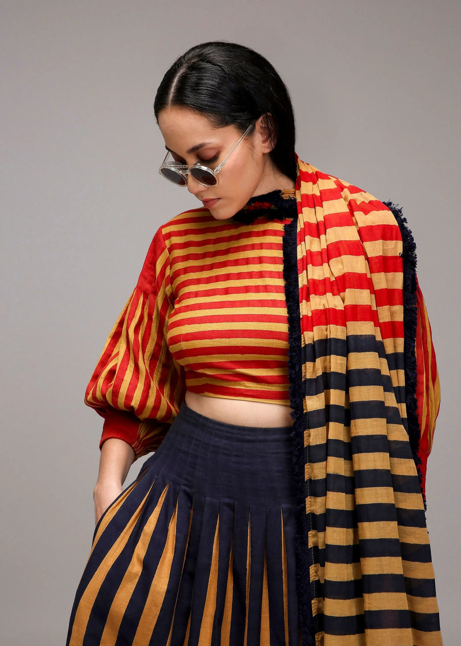 Tan-Brown Crop Top Dual Striped Stole Skirt Set (3 Pcs)