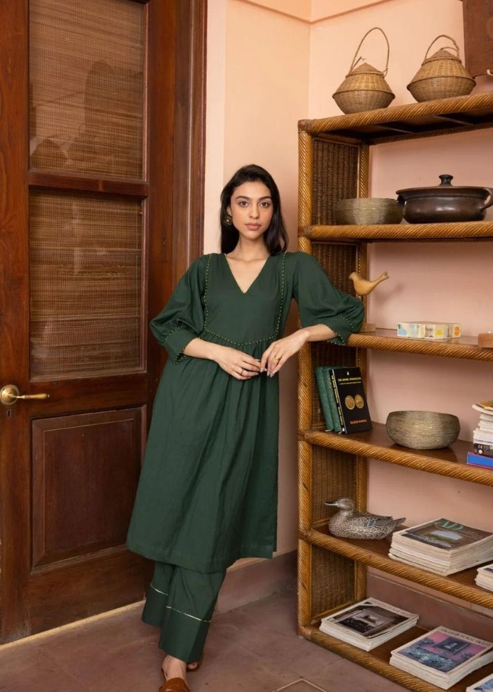 A Model Wearing Green Organic Cotton Allure Kurta Set- Green, curated by Only Ethikal
