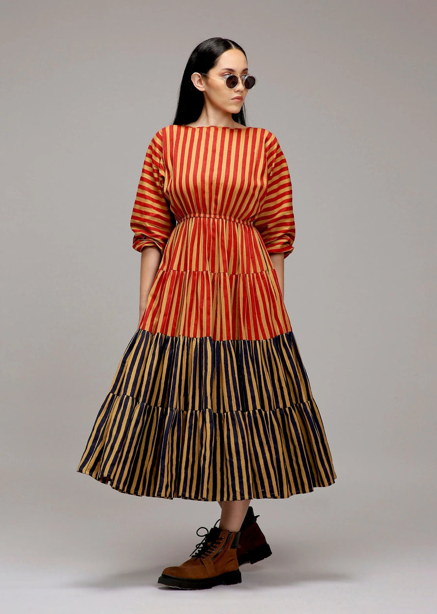 Tan-Brown Red & Blue Striped Tiered Dress