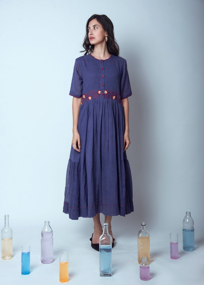 A Model Wearing Blue Handwoven Cotton Amethyst Garden Dress In Kota Slub

, curated by Only Ethikal