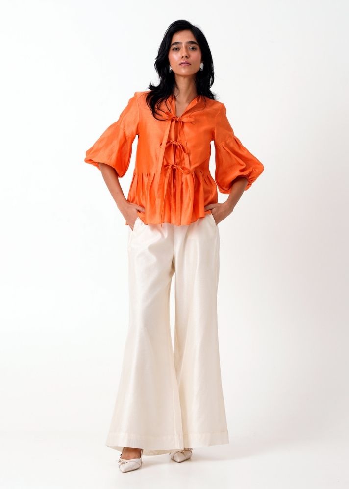 A Model Wearing Orange Handloom Chanderi Toni Top, curated by Only Ethikal