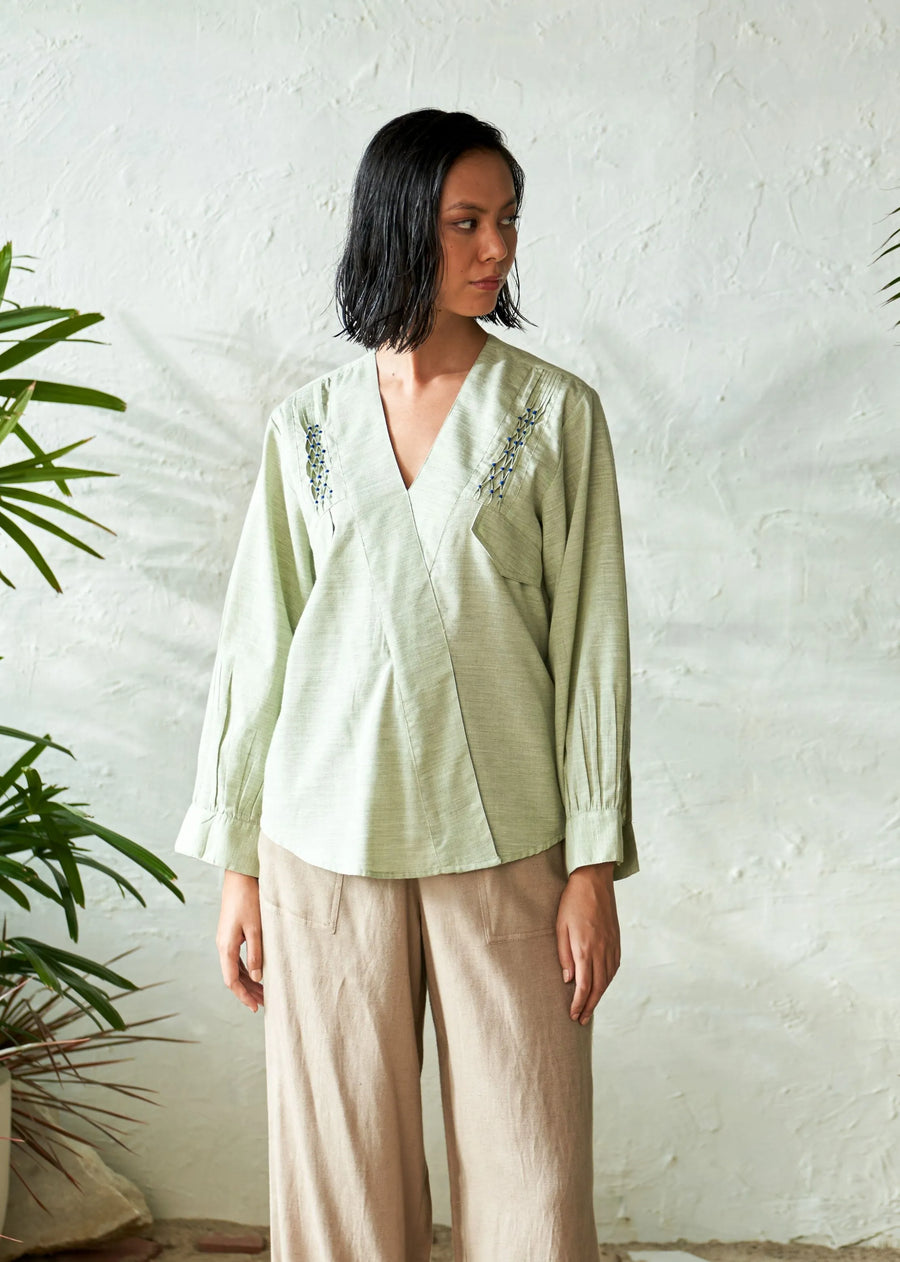 A Model Wearing Green Pure Cotton Summer Sage Shirt, curated by Only Ethikal