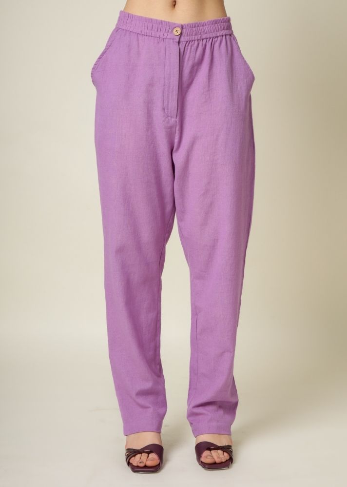 A Model Wearing Purple Organic Cotton Waris Purple Pants, curated by Only Ethikal