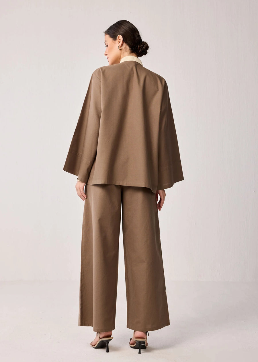 Brown Oversized Jacket & Wide-Leg Pants Co-ord