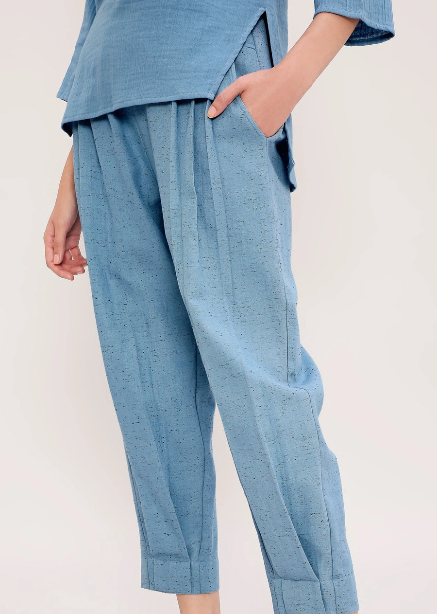 Blue Textured Cotton Dotted Pants