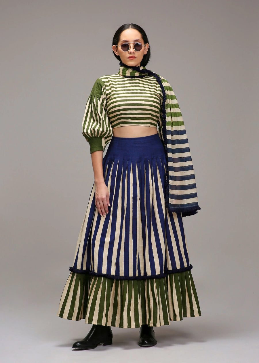 A Model Wearing Multicolor Cotton Egg-Shell Crop Top Dual Striped Stole Skirt Set (3 PCS), curated by Only Ethikal