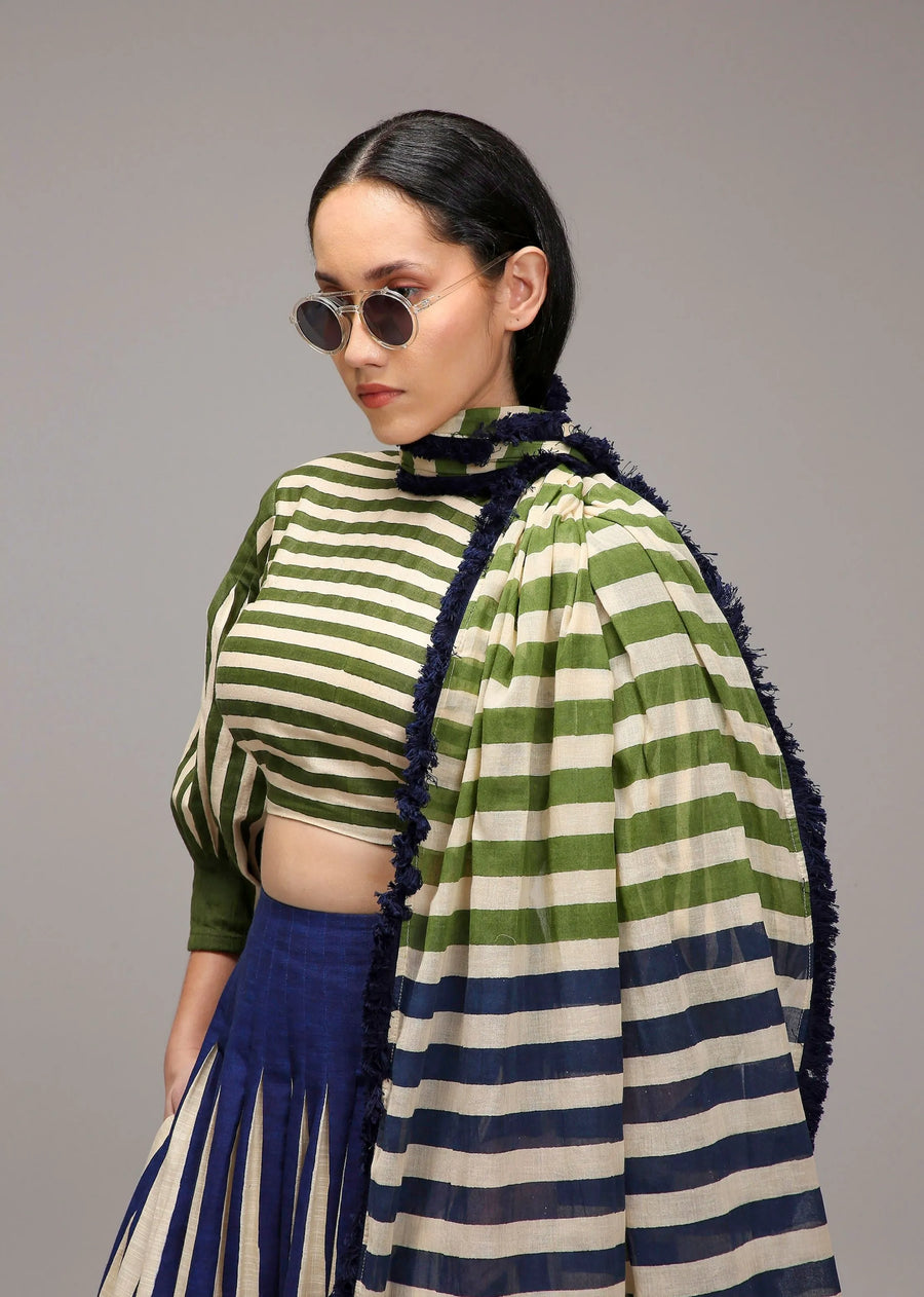 Egg-Shell Crop Top Dual Striped Stole Skirt Set (3 Pcs)