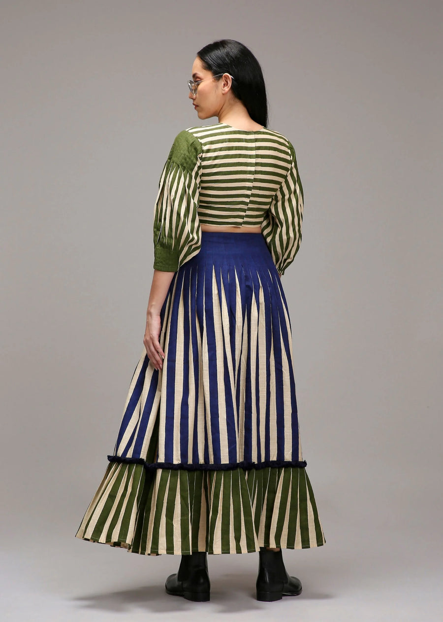 Egg-Shell Crop Top Dual Striped Stole Skirt Set (3 Pcs)