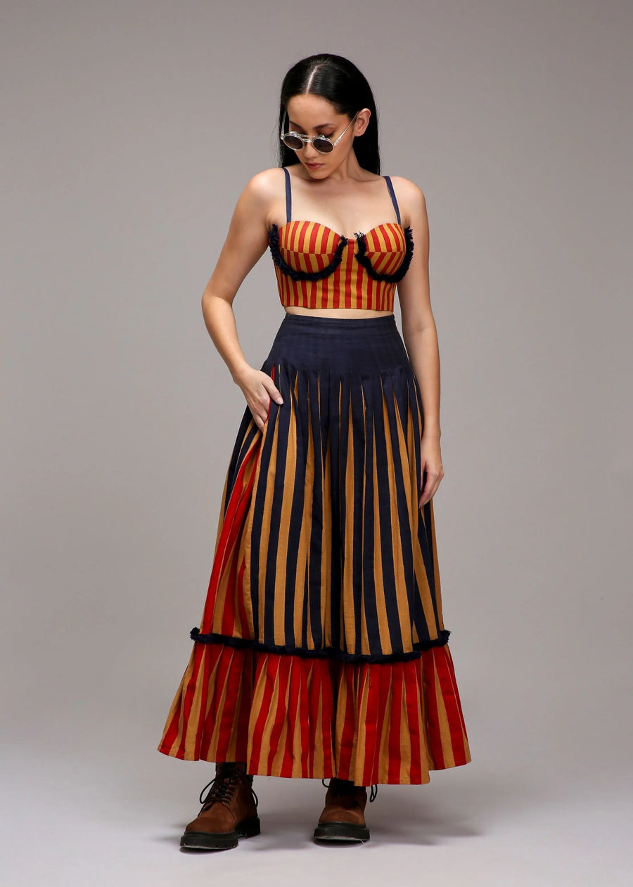 A Model Wearing Multicolor Cotton Tan-Brown Corset & Dual Striped Skirt Set (2 PCS), curated by Only Ethikal