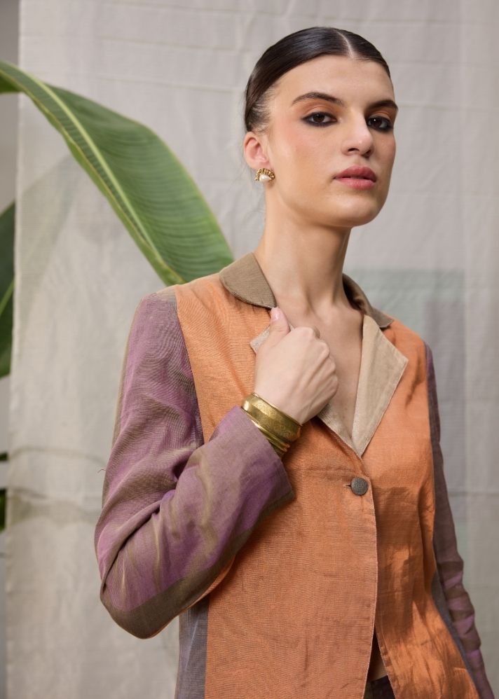 A Model Wearing Multicolor Chanderi Cotton Multicolor Mrunal Jacket-Ra/Fe/53, curated by Only Ethikal