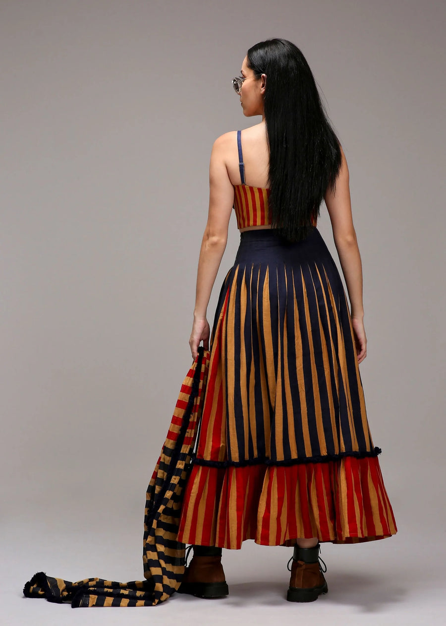 Tan-Brown Corset & Dual Striped Skirt Set (2 Pcs)