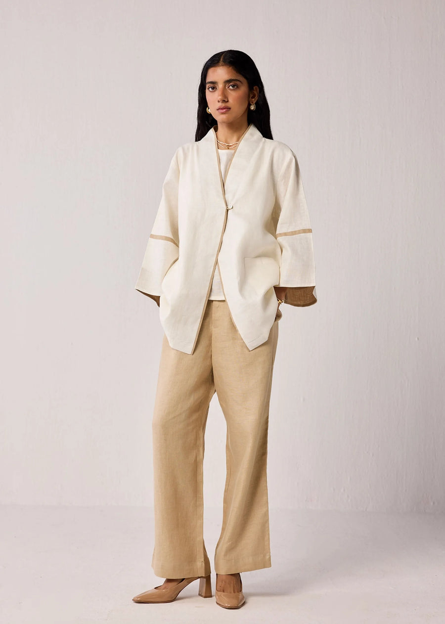 A Model Wearing Off White Hemp Relaxed Fit Hemp Overlay With Flared Sleeves In Off-White, curated by Only Ethikal