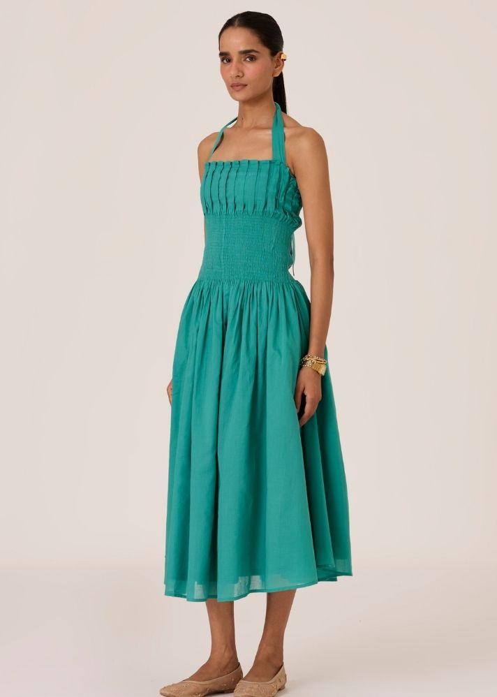 Aisha Cyan Pleated Midi Dress