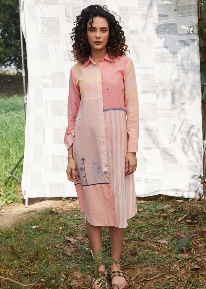 A Model Wearing Multicolor Jamdani Cotton Kamini Dress, curated by Only Ethikal