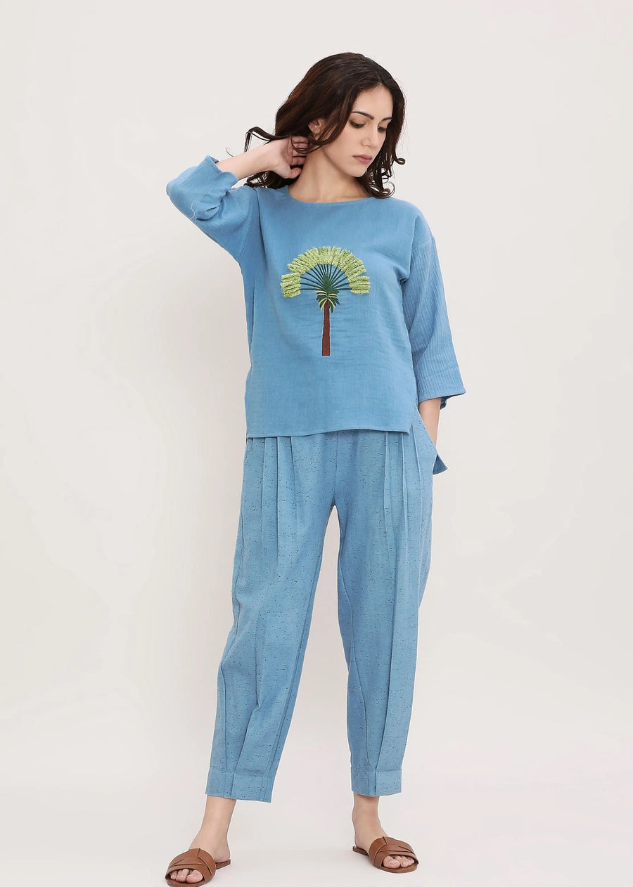 Blue Textured Cotton Dotted Pants