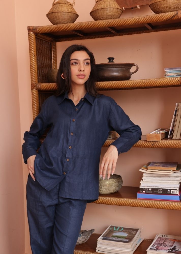 A Model Wearing Blue Hemp Hemp Navy Co-Ord Set, curated by Only Ethikal