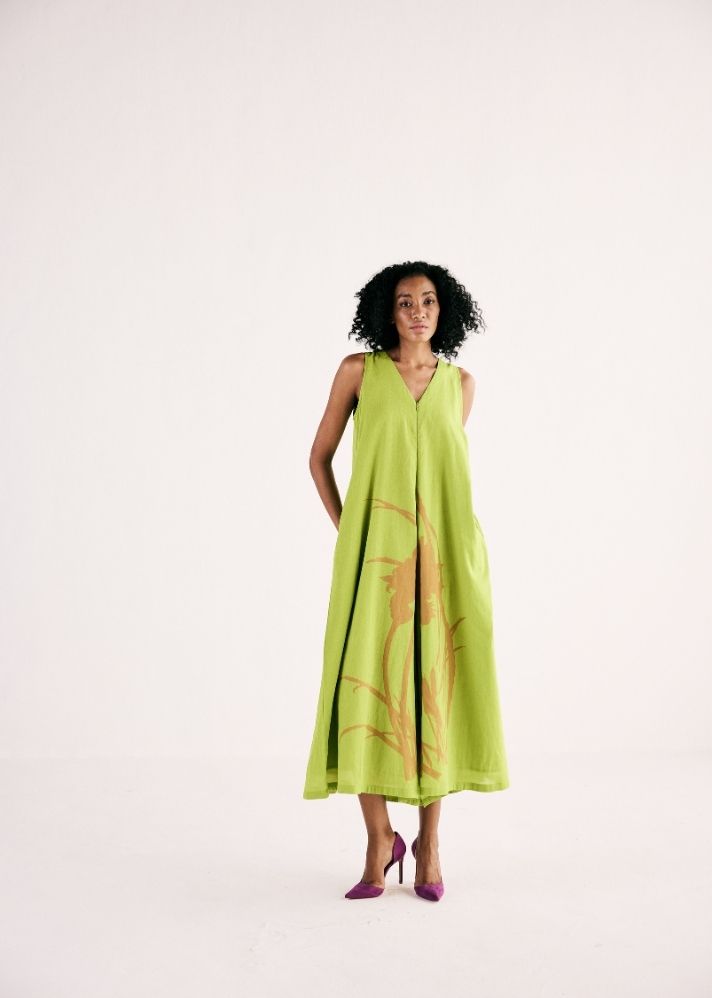 A Model Wearing Green Cotton Mul Limeade Jumpsuit, curated by Only Ethikal