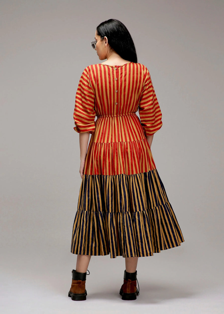 Tan-Brown Red & Blue Striped Tiered Dress