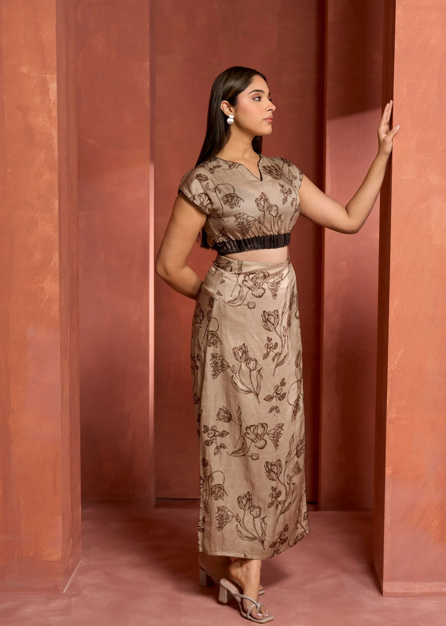 A Model Wearing Beige Linen Bemberg Whim Skirt, curated by Only Ethikal