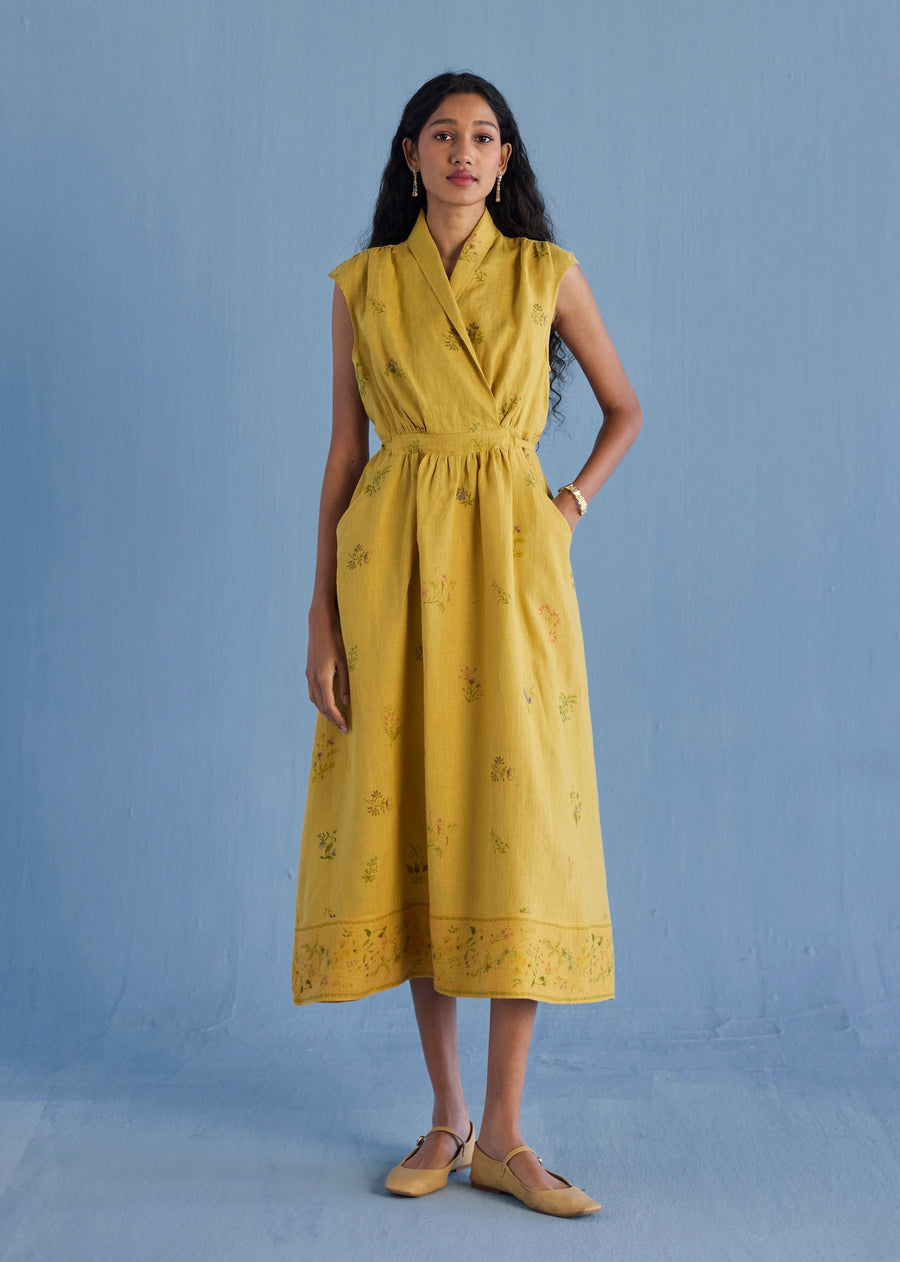 Mema Shawl Collar Printed Linen Dress - Ochre